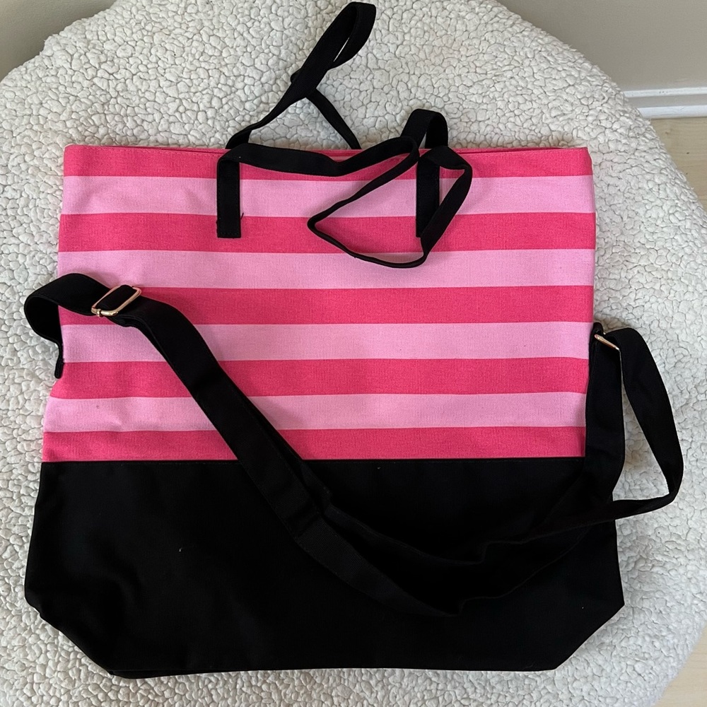 Victoria’s Secret Canvas Black Pink Striped Multi Handle Tote Bag - Picture 5 of 7